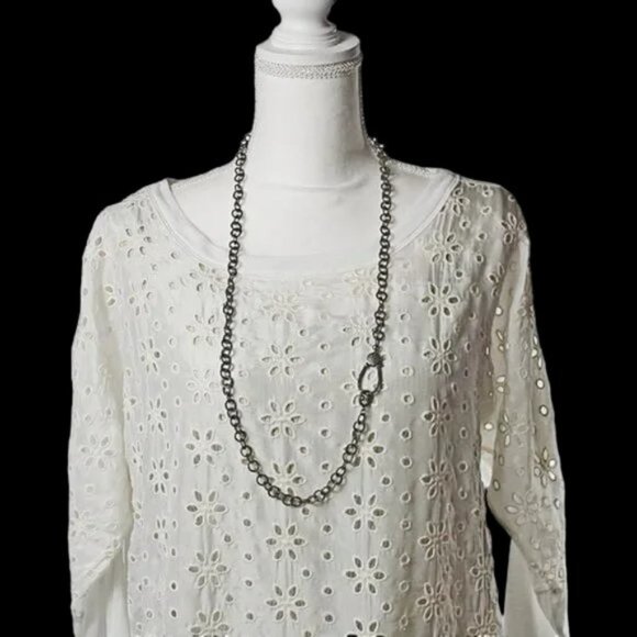 Johnny Was Ivory Eyelet Lace Slip-On Boho Full Asymmetrical Tunic Size Medium - Picture 6 of 9